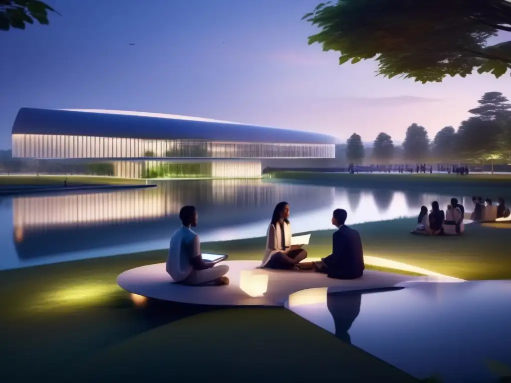 Campus universitario futurista al anochecer Futuro campus universitario al anochecer, con edificios modernos iluminados y rodeado de naturaleza y un lago sereno