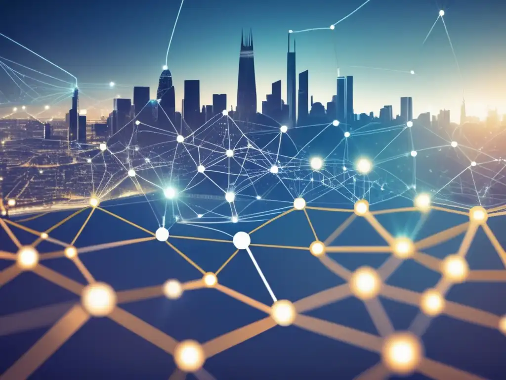 Red de conexiones: estudiantes, profesionales, mentores Futuro ciudad de nodos y conexiones, representando roles y habilidades de networking para estudiantes universitarios