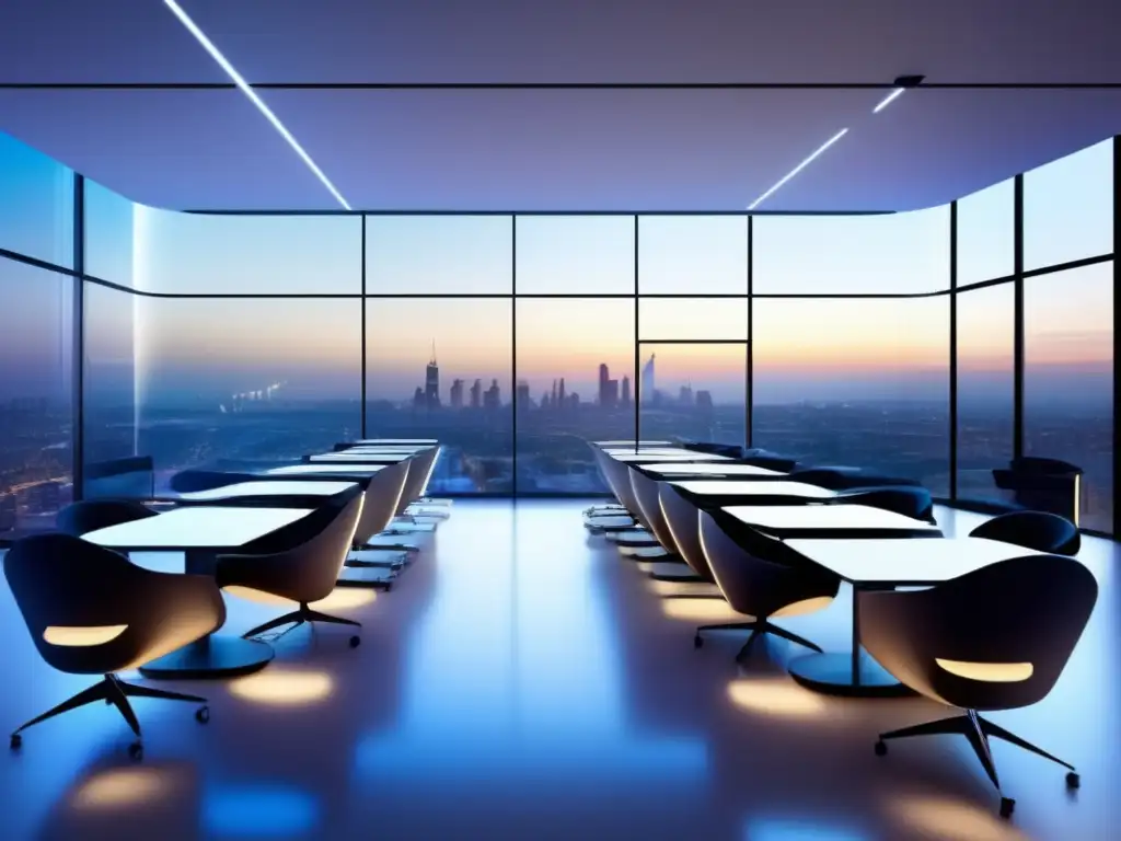 Sala de exámenes futurista con sillas minimalistas y tecnología avanzada Futuro de los exámenes de admisión: sala de examen moderna con sillas minimalistas, tecnología avanzada y arte abstracto