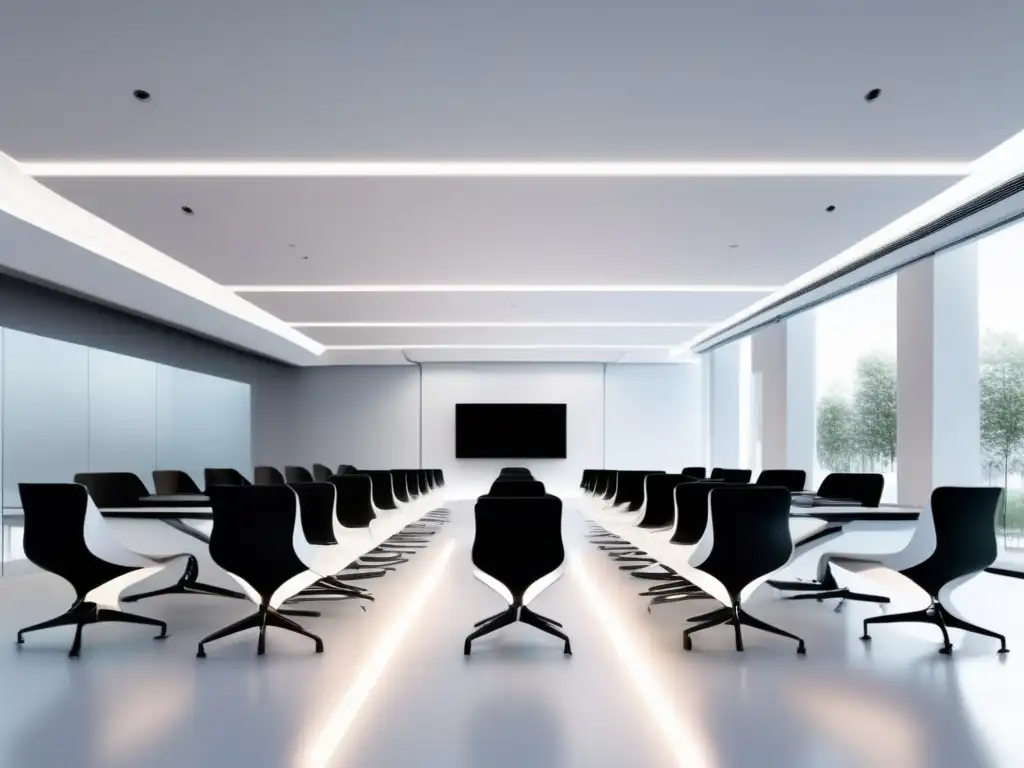 Sala de examen futurista con estudiantes usando realidad virtual Futuro exámenes admisión universitaria: hall minimalista, estudiantes con VR, IA holográfica