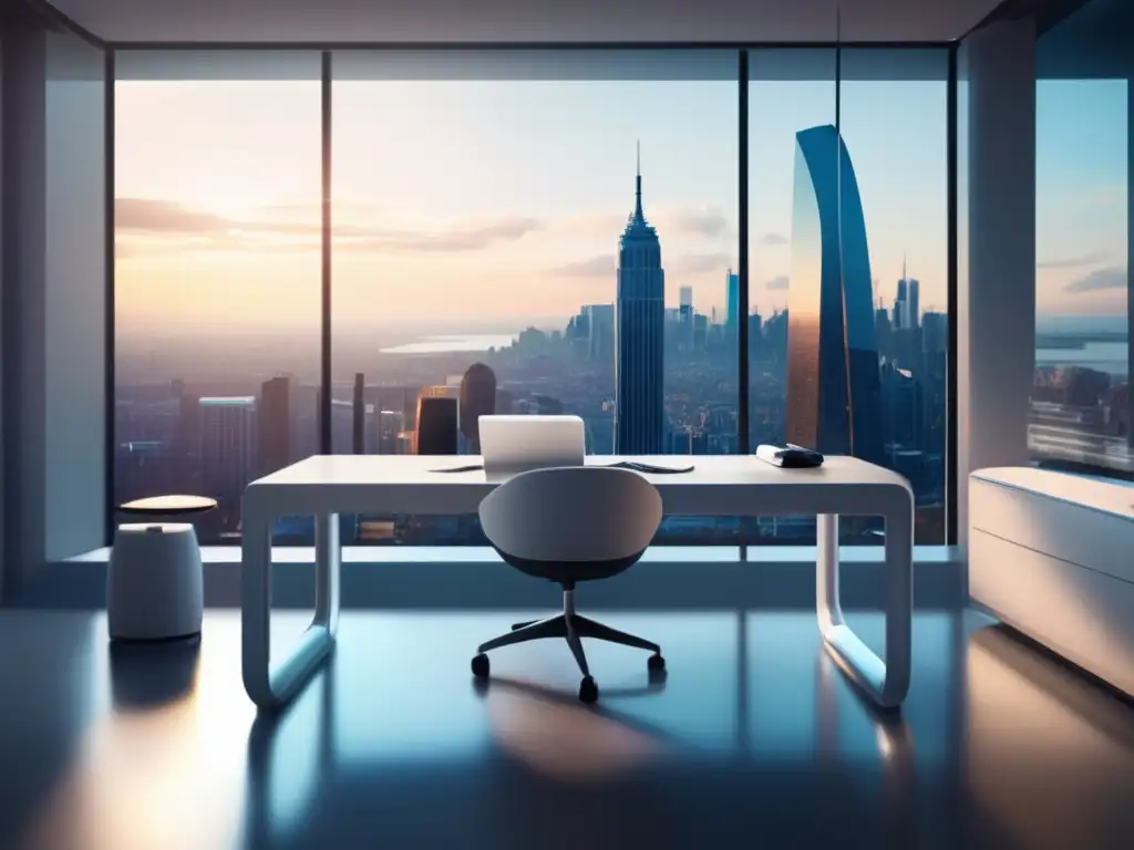 Sala de examen futurista con vista panorámica Futuro exámenes admisión universitaria - Sala examen futurista con vista ciudad, luz natural y diseño minimalista
