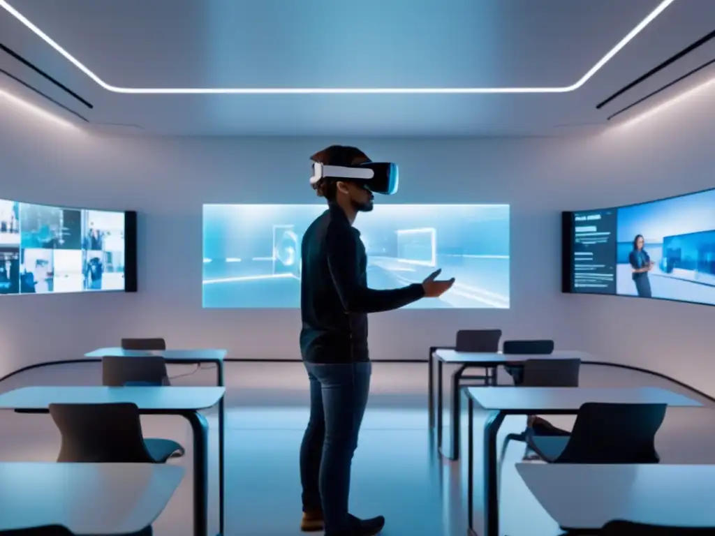 Aula virtual futurista con realidad virtual Futuro aula virtual con diseño minimalista y estudiantes usando visores de realidad virtual