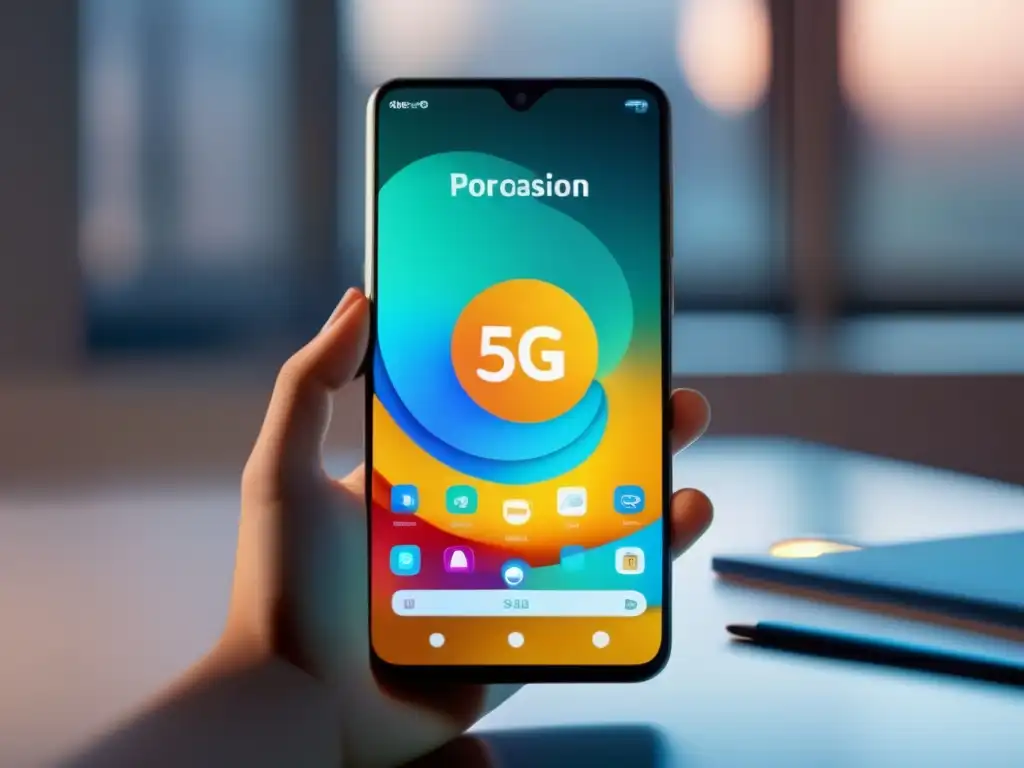 Smartphone 5G con interfaz de examen futurista Tecnología 5G en exámenes: smartphone moderno con pantalla de alta resolución, diseño minimalista y funciones avanzadas