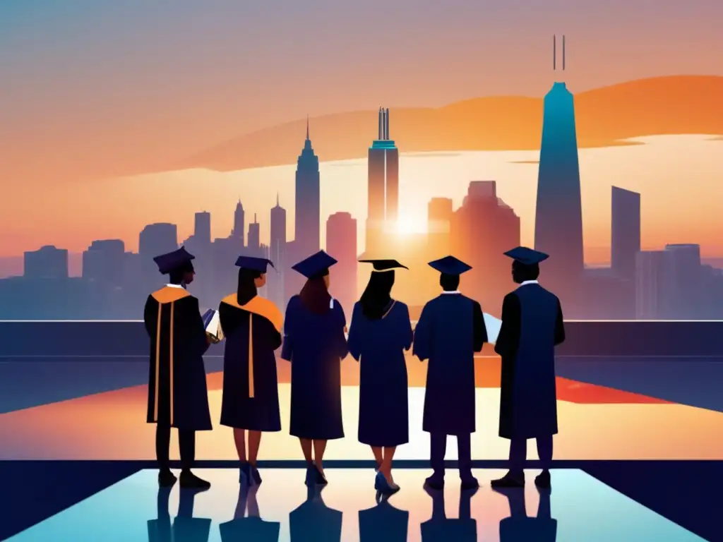 Graduados universitarios destacados en ciudad futurista Graduados universitarios en una imagen minimalista que destaca el proceso de admisiones universitarias personalizado
