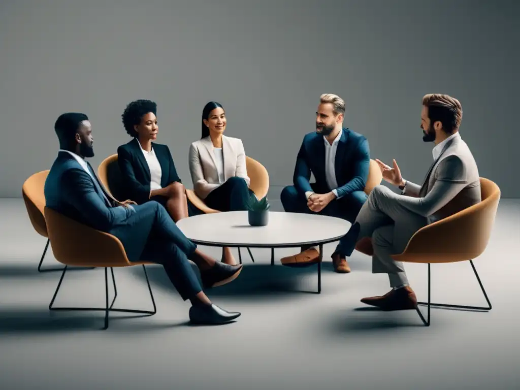 Profesionales en discusión Grupo diverso en discusión profesional, destacando estrategias para entrevistas grupales