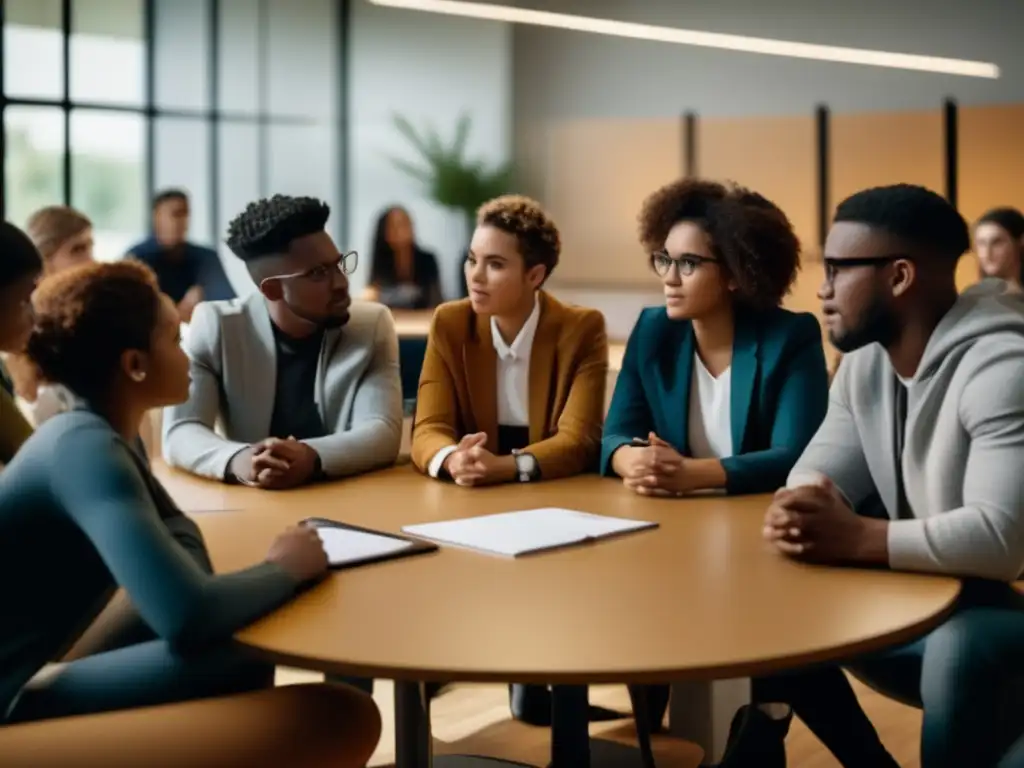 Estudiantes diversos en discusión colaborativa Grupo diverso de estudiantes en discusión sobre admisiones universitarias en un aula moderna - Guía admisiones universidad Johns Hopkins