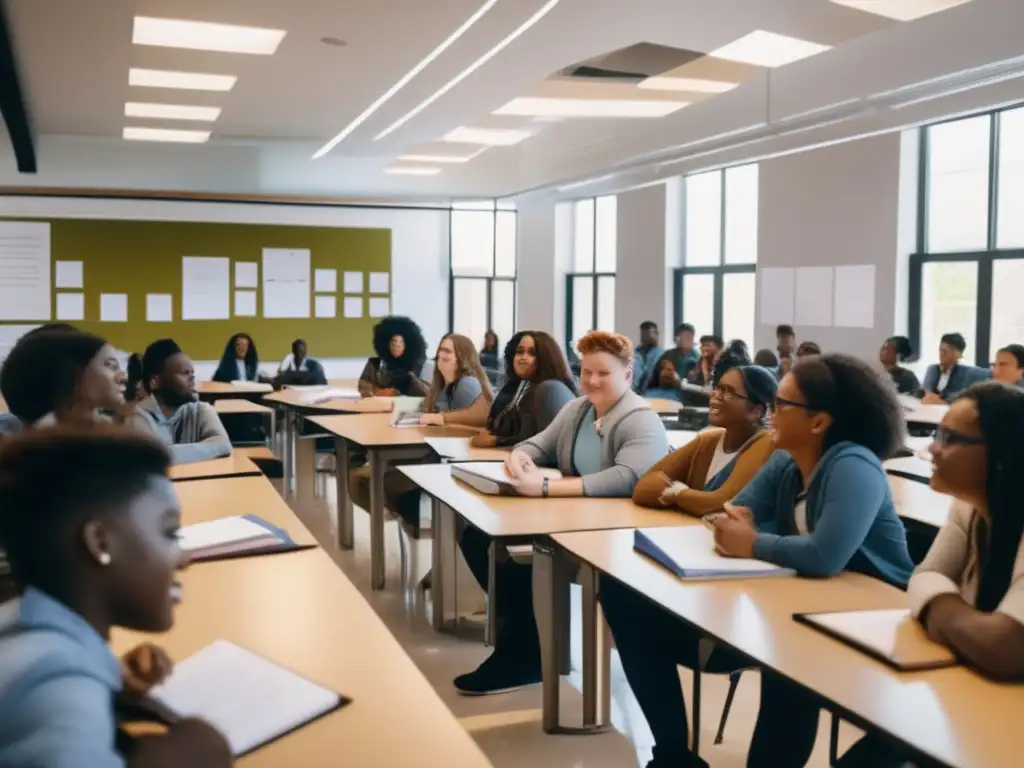 Estudiantes comprometidos en aula inclusiva Grupo diverso de estudiantes en aula minimalista promoviendo igualdad y proceso de admisiones universitarias