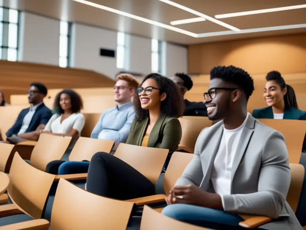 Estudiantes diversos en aula universitaria Grupo diverso de estudiantes en aula universitaria, destacando la importancia de becas y diversidad