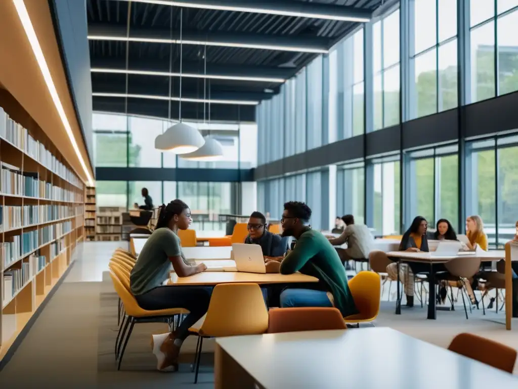 Estudiantes estudian juntos en biblioteca moderna Grupo diverso de estudiantes estudiando en biblioteca universitaria moderna - Préstamos estudiantiles universitarios
