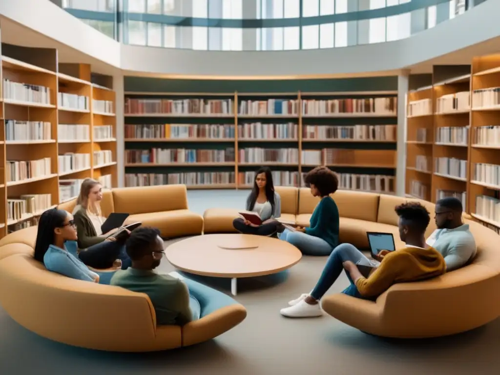 Estudiantes diversos en biblioteca inclusiva Grupo diverso de estudiantes en biblioteca universitaria moderna y minimalista