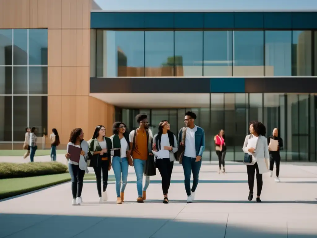 Estudiantes diversos en campus universitario Grupo diverso de estudiantes en campus universitario transmitiendo igualdad en admisiones