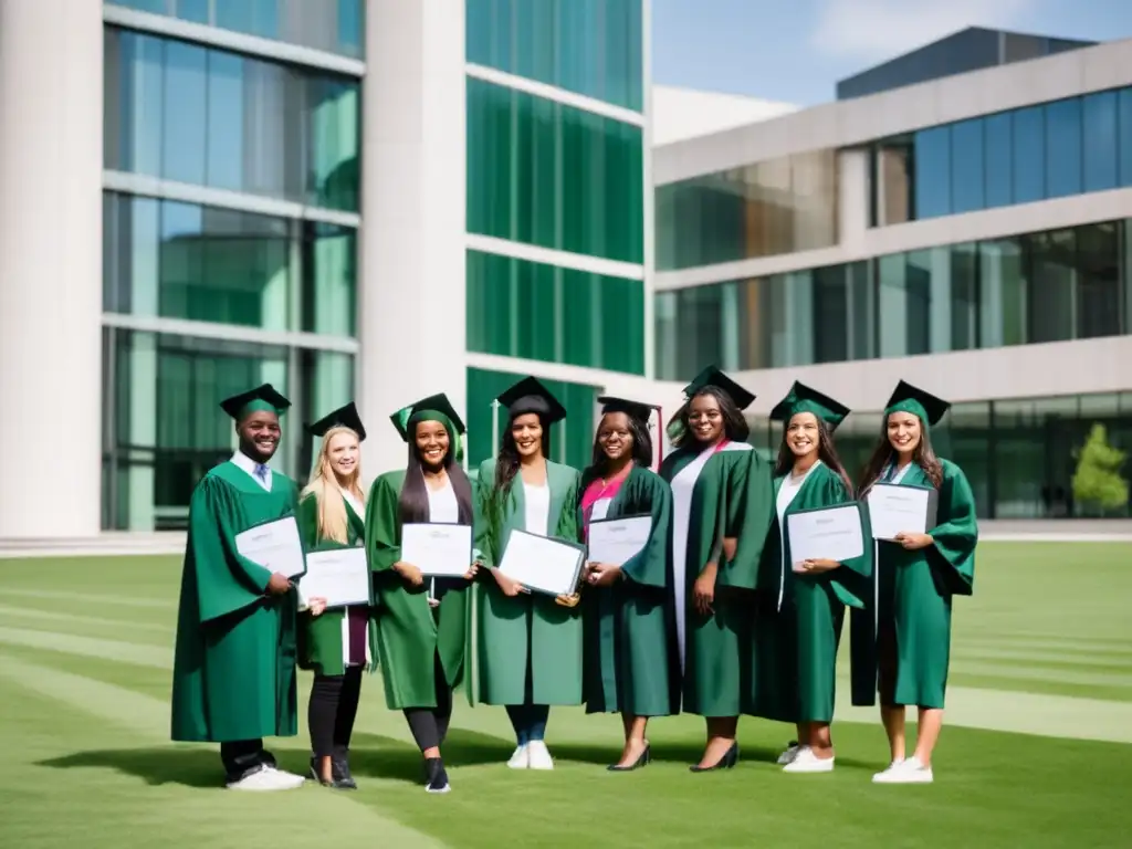 Estudiantes graduados orgullosos en campus universitario Grupo diverso de estudiantes con diplomas y sonrisas orgullosas, frente a un campus universitario con arquitectura moderna y amplias áreas verdes