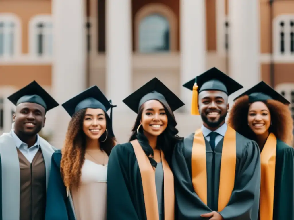 Graduación diversa: inclusión y educación Un grupo diverso de estudiantes frente a un edificio universitario, simbolizando el logro de la educación superior y la equidad en la admisión
