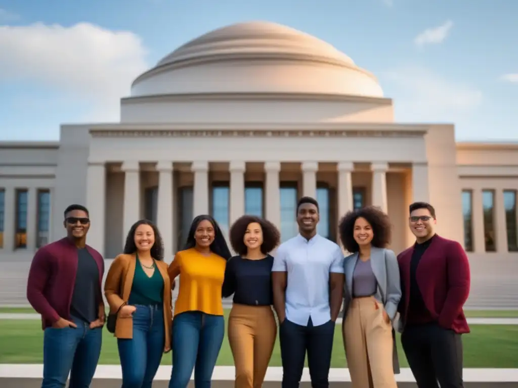 Estudiantes diversos de MIT frente al icónico MIT Dome Grupo diverso de estudiantes de MIT frente a la icónica Cúpula de MIT, representando la comunidad inclusiva y diversa