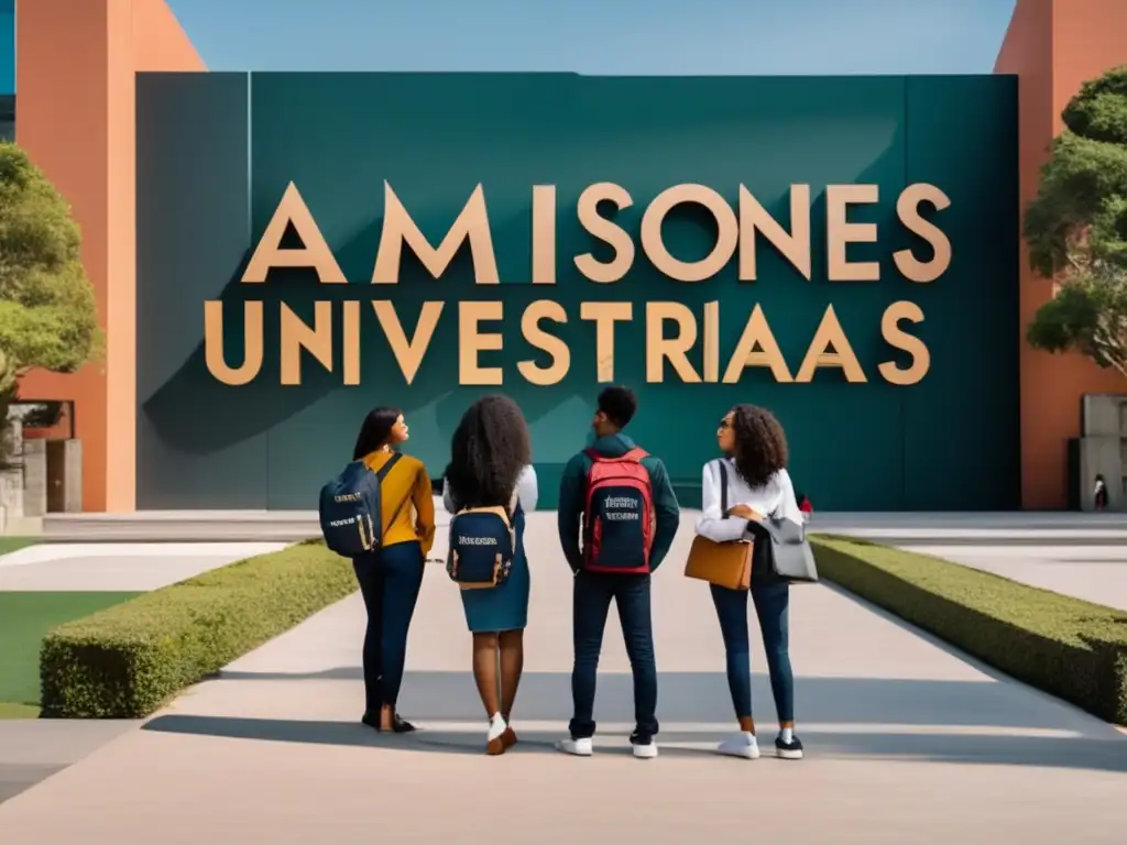 Estudiantes diversos frente a una entrada universitaria Grupo diverso de estudiantes frente a una puerta de entrada universitaria, rompiendo barreras educativas