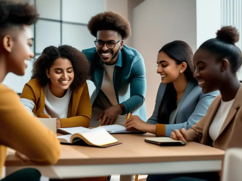 Estudiantes colaborando en un moderno salón de estudio Grupo diverso de estudiantes preparándose para intercambios académicos universitarios en un moderno y minimalista salón de estudio