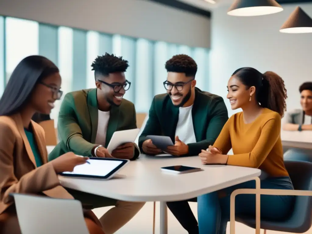 Estudiantes diversificados exploran universidades con asesoría AI Grupo diverso de estudiantes en proceso de admisiones universitarias personalizado