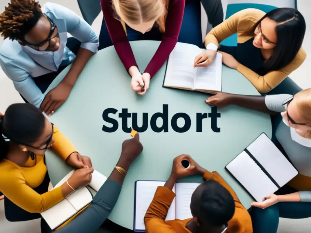 Estudio en grupo: apoyo y colaboración Grupo diverso de estudiantes en una sesión de estudio, rodeados de libros y laptops