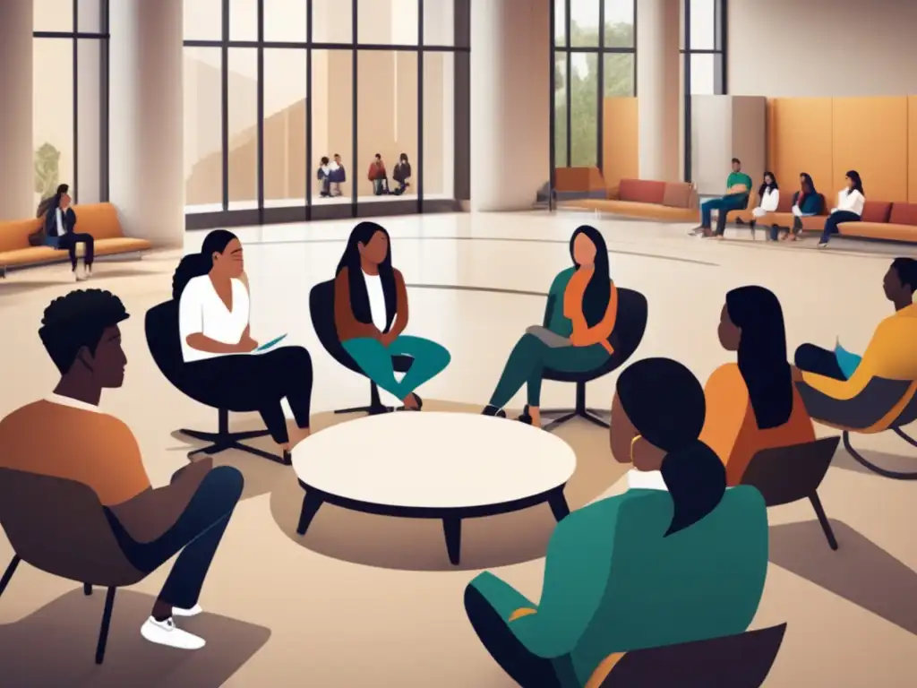 Estudiantes indígenas en discusión inclusiva Grupo diverso de estudiantes universitarios indígenas en discusión colaborativa