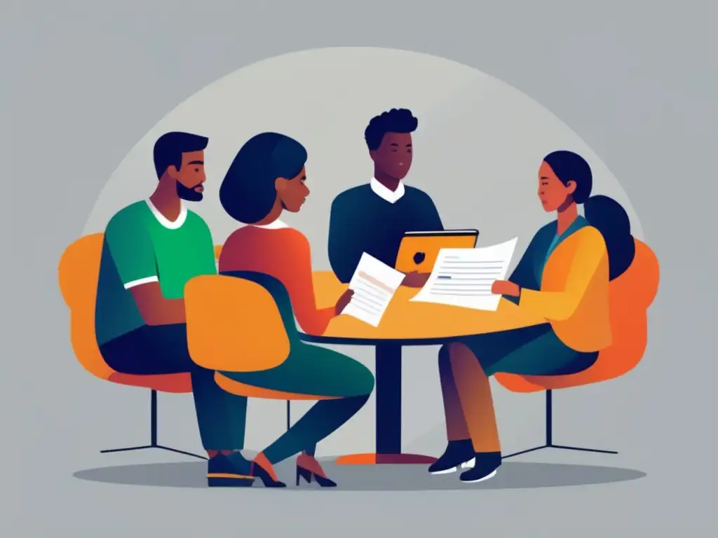 Sesión de feedback constructivo universitario Grupo diverso de estudiantes universitarios en sesión de feedback constructivo