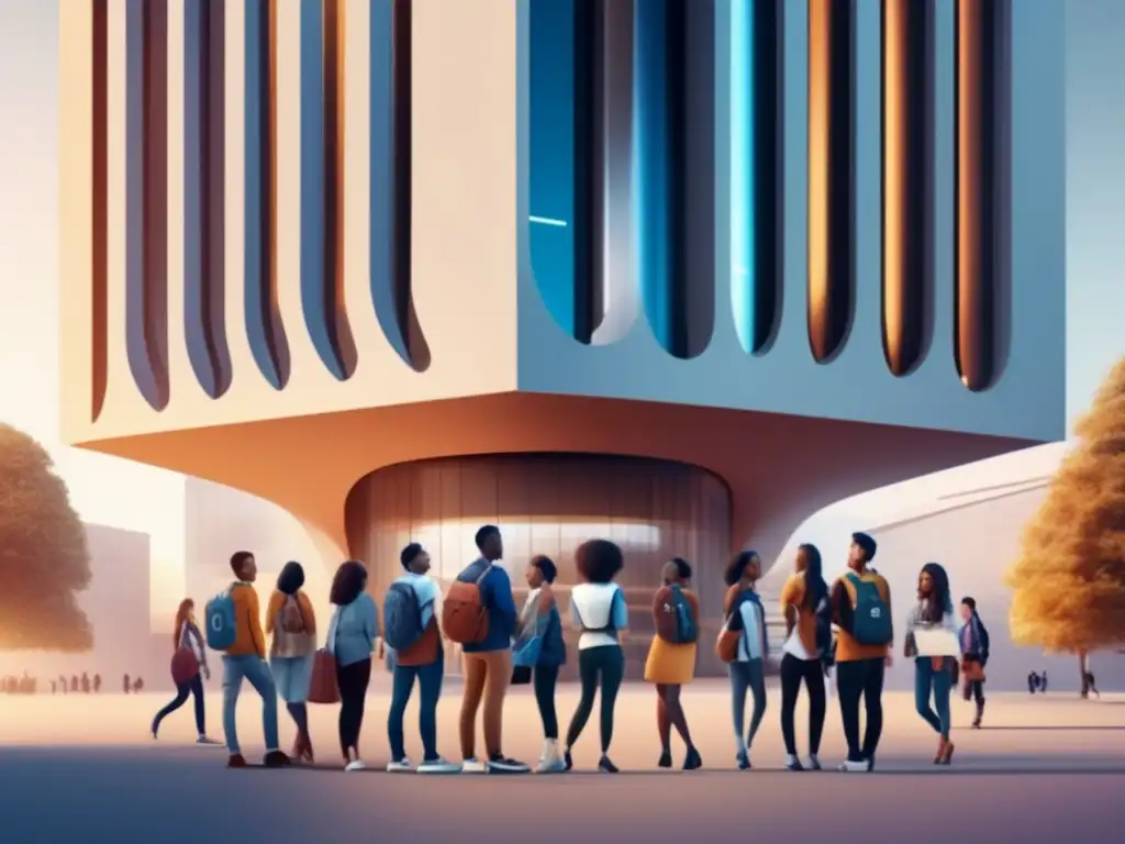 Estudiantes universitarios diversos frente a edificio futurista Un grupo diverso de estudiantes universitarios frente a un edificio futurista, promoviendo IA en admisiones universitarias y diversidad