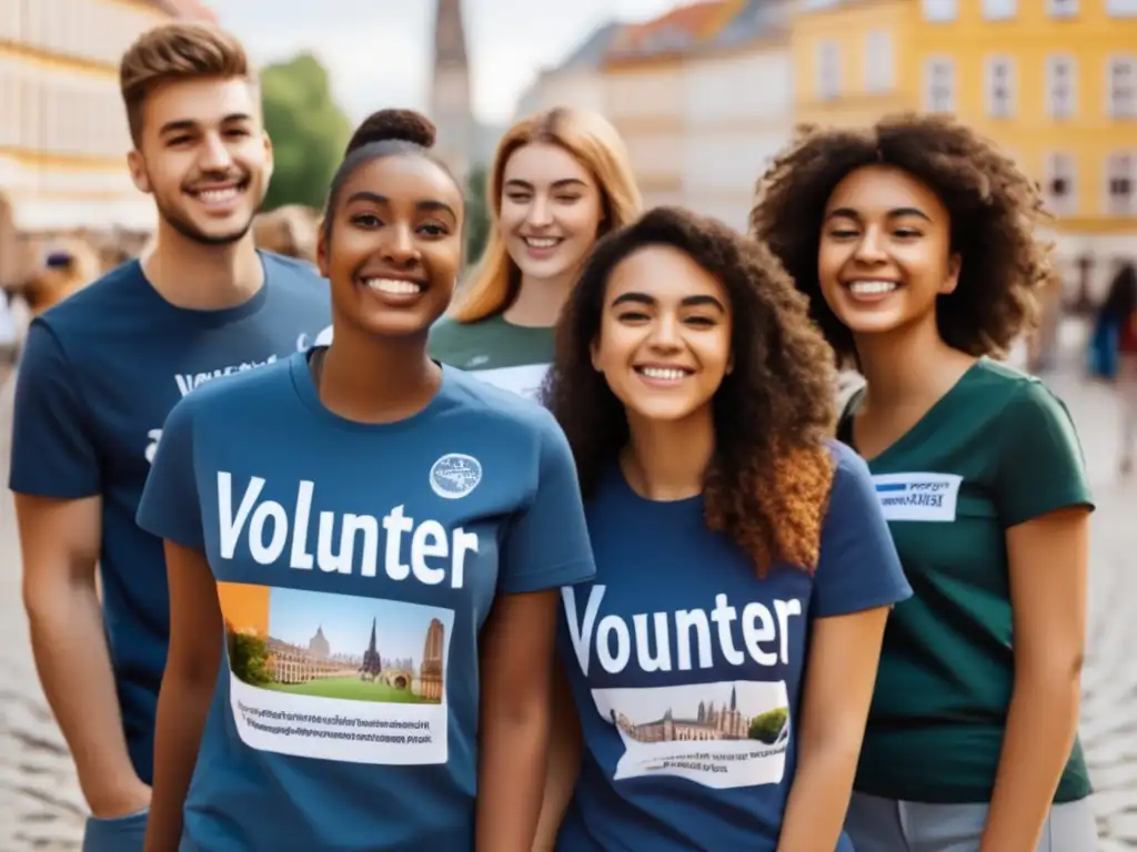 Estudiantes voluntarios en ciudad europea Grupo diverso de estudiantes universitarios voluntarios en una ciudad europea, simbolizando su participación en programas de voluntariado