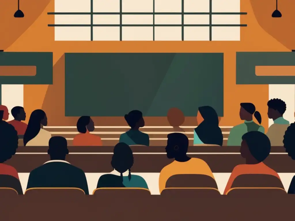 Estudiantes universitarios diversos en aula moderna y minimalista Grupo diverso de estudiantes universitarios en una sala de conferencias, representando la importancia de la diversidad y la inclusión en la educación superior