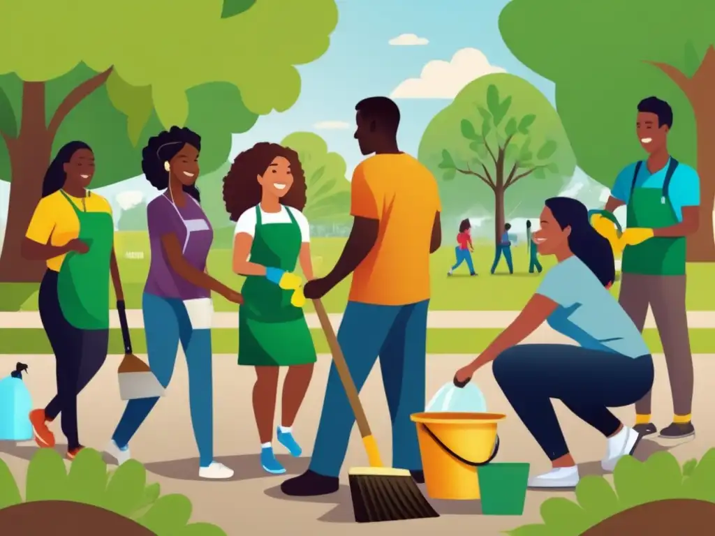 Diversidad y colaboración en proyecto comunitario Grupo diverso realizando proyecto de servicio comunitario