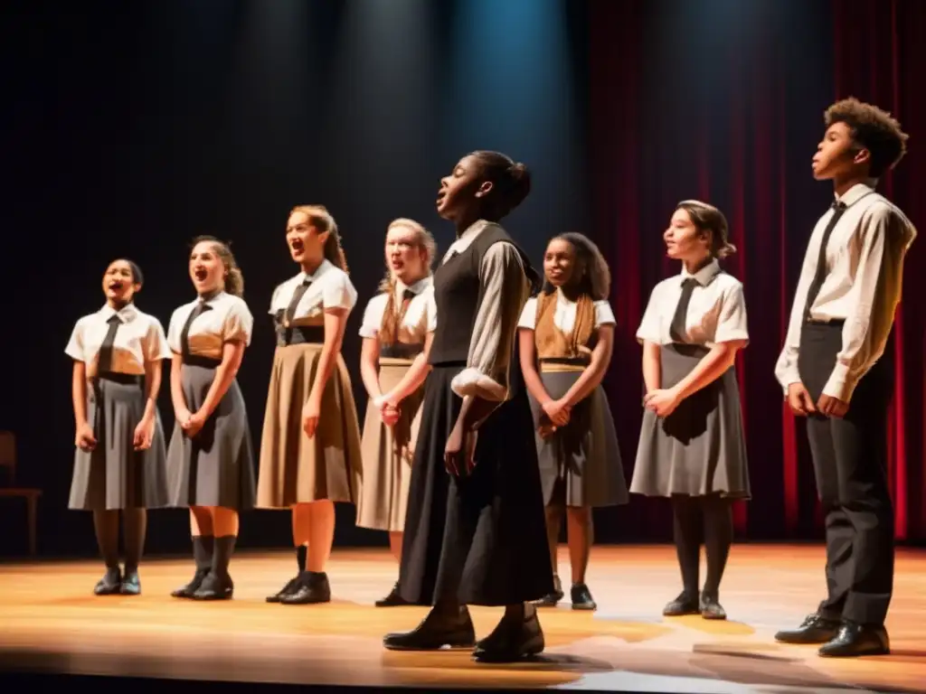 Estudiantes actuando en obra teatral Grupo de estudiantes en una obra de teatro escolar: Ventajas del teatro en admisiones universitarias
