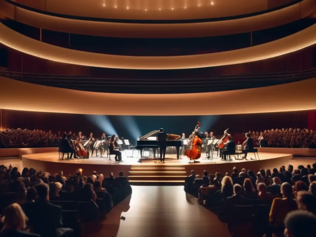 Grupo diverso de músicos en un escenario - Grupo de músicos en escenario con público, destacando importancia de la participación en bandas y coros en aplicación universitaria