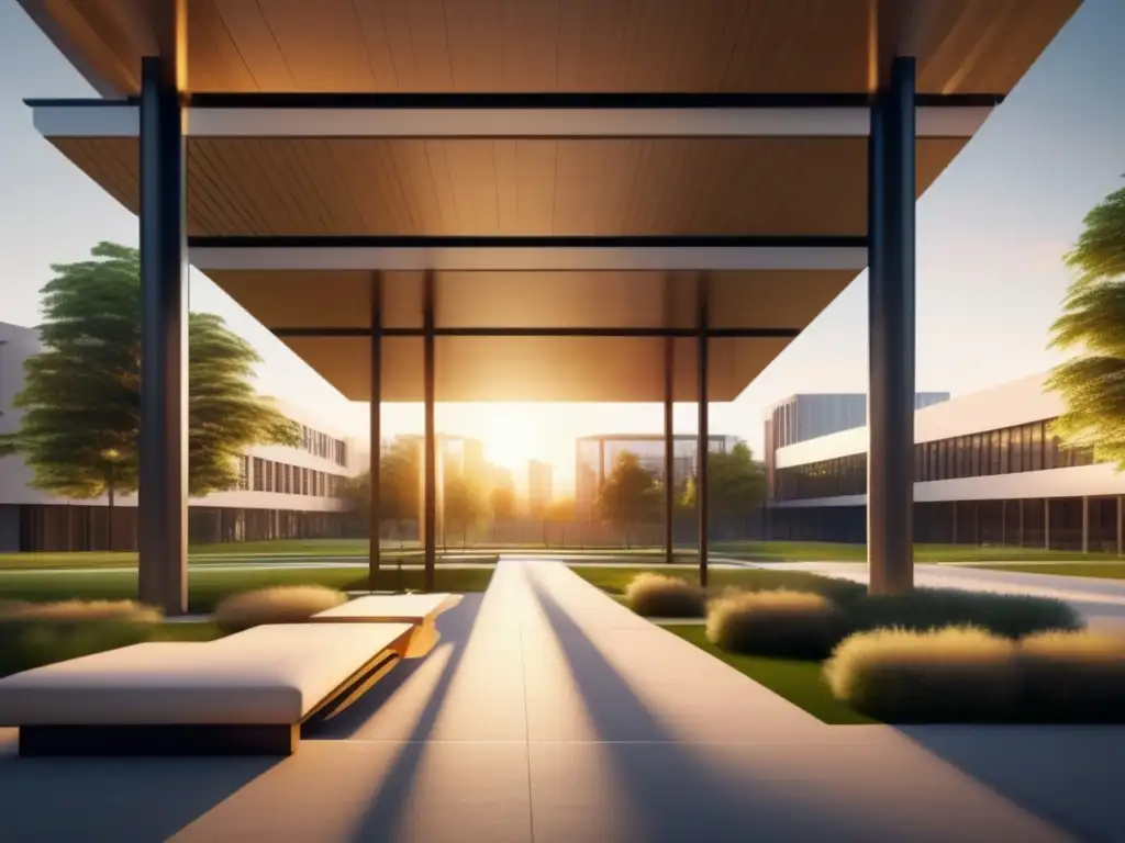 Campus universitario moderno al atardecer Guía transferencia universitaria exitosa: Campus moderno al atardecer, arquitectura contemporánea, luz dorada, naturaleza exuberante
