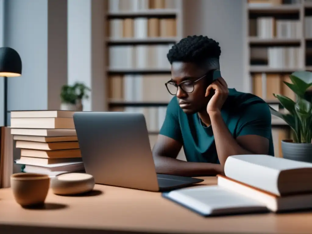 Estudio enfocado Habilidades de pensamiento crítico para examen de admisión: Persona concentrada en un escritorio con libros, papeles y laptop