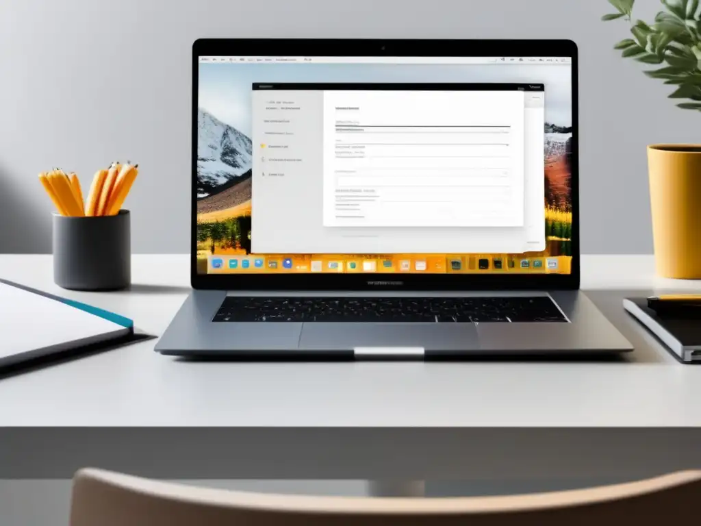Espacio de trabajo eficiente para admisiones universitarias Herramientas de IA para admisiones universitarias en una imagen de una laptop moderna en un escritorio blanco y organizado