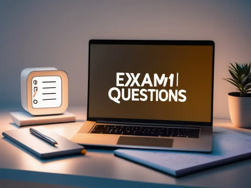 Escritorio minimalista con laptop y examen digital Herramientas digitales para exámenes de admisión en un escritorio minimalista y moderno