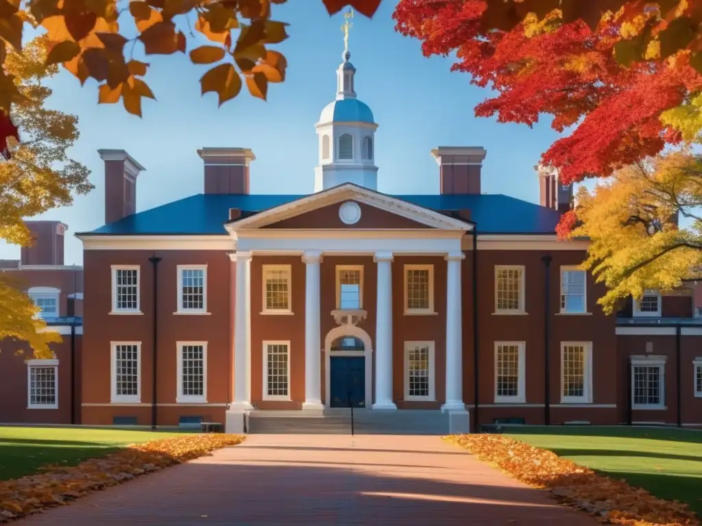 Gilman Hall en otoño: majestuoso y vibrante Guía admisiones Gilman Hall, Johns Hopkins: majestuosidad histórica rodeada de hojas otoñales vibrantes