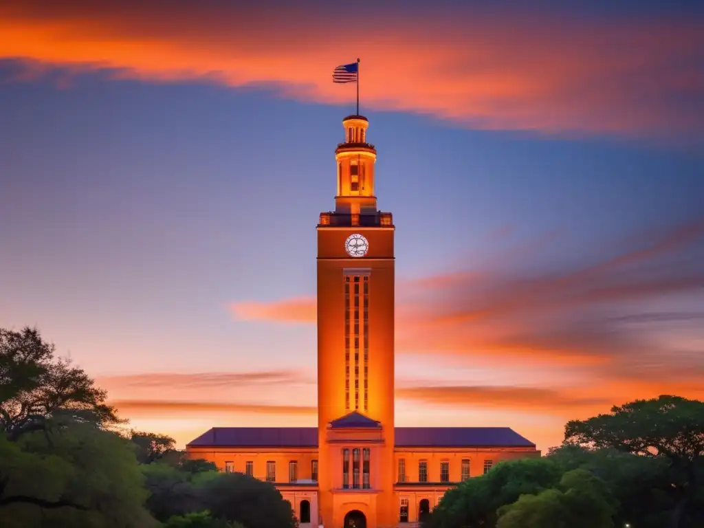 Torre emblemática de la Universidad de Texas en Austin Universidad de Texas en Austin: Torre icónica y vibrante atardecer destacan la excelencia académica