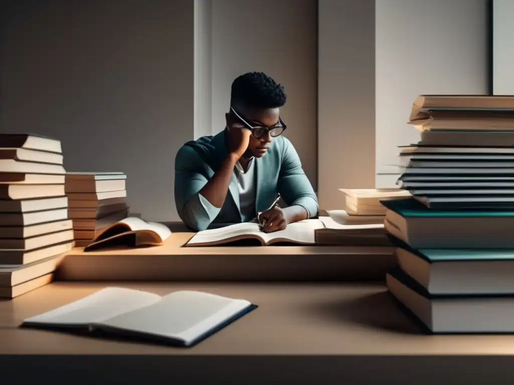 Persona concentrada en escritura Preparación ensayo admisión: persona analizando y generando ideas en escritorio moderno rodeado de libros y papeles