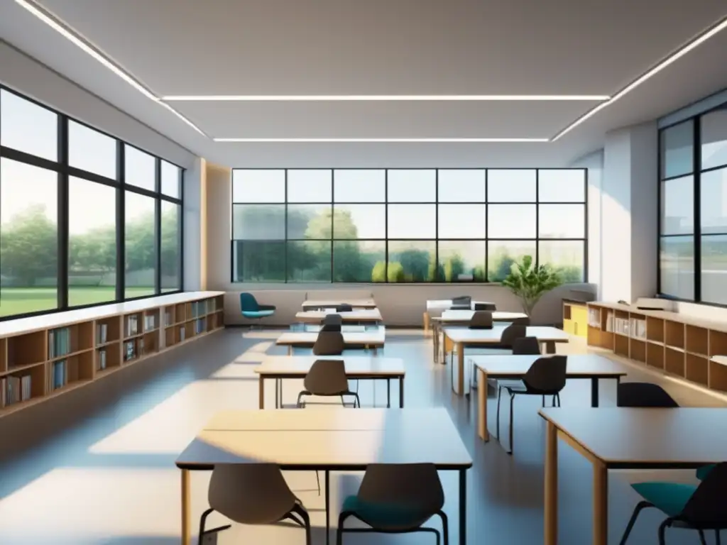Aula universitaria moderna y minimalista Imagen de un aula moderna y minimalista con luz natural y tecnología avanzada | Estrategias para admisiones universitarias exitosas