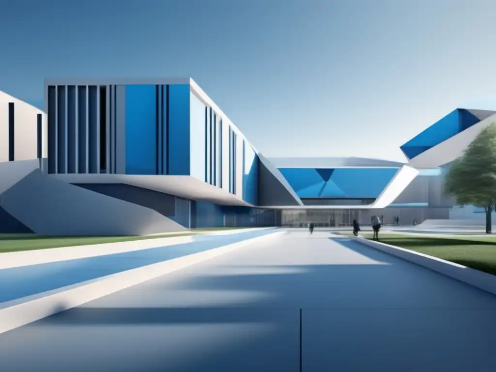 Campus universitario futurista en tonos azules y grises Imagen: Ciberseguridad en admisiones universitarias - Campus futurista con estilo minimalista y detalles en 8k
