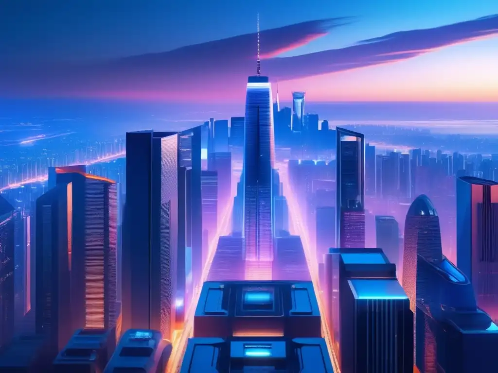 Ciudad futurista al atardecer Imagen de ciudad futurista en atardecer, reflejando la importancia de las Técnicas de análisis y crítica universitaria