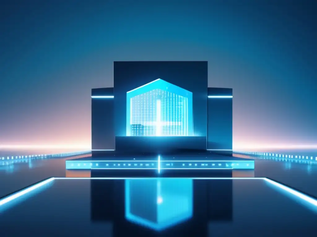 Protección de datos en exámenes digitales Imagen de protección de datos en exámenes digitales: Fortaleza digital, transparencia y seguridad en un edificio futurista rodeado de código binario y con capas de protección