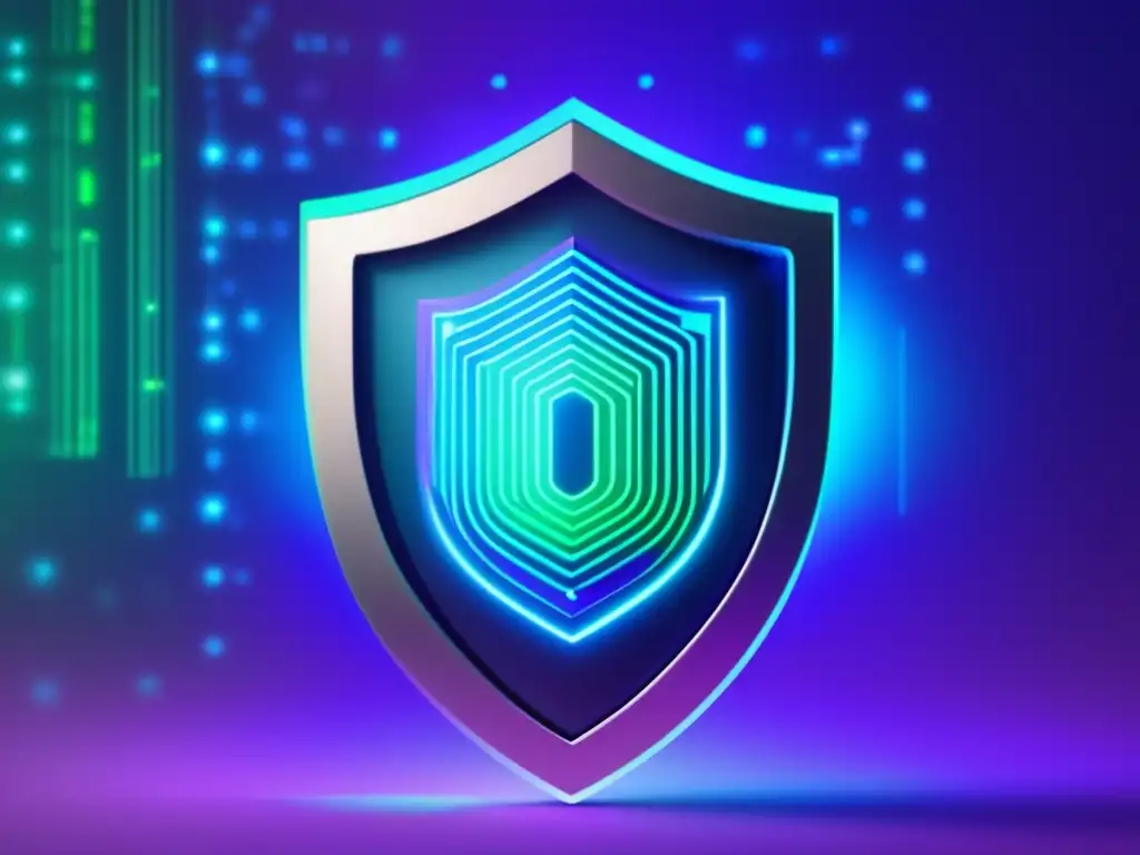 Escudo digital futurista que protege la privacidad Imagen detallada de un escudo digital futurista con patrones geométricos intrincados y diseño minimalista