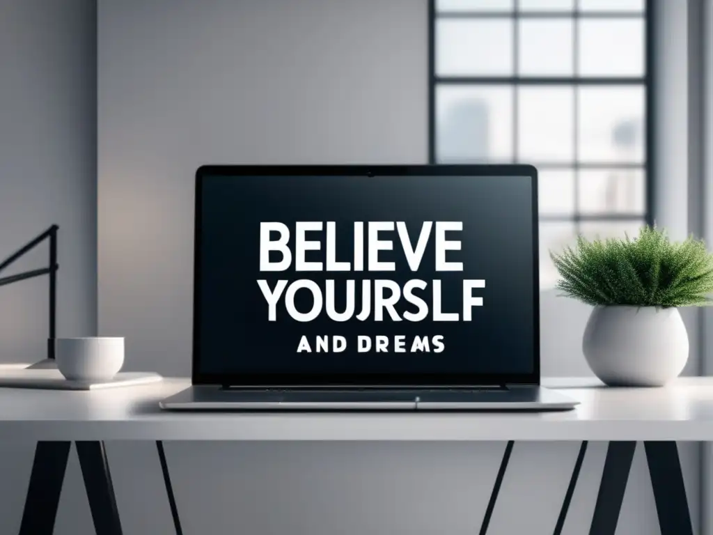Espacio de trabajo minimalista y motivador Imagen de espacio de trabajo moderno y minimalista con escritorio blanco, laptop y planta