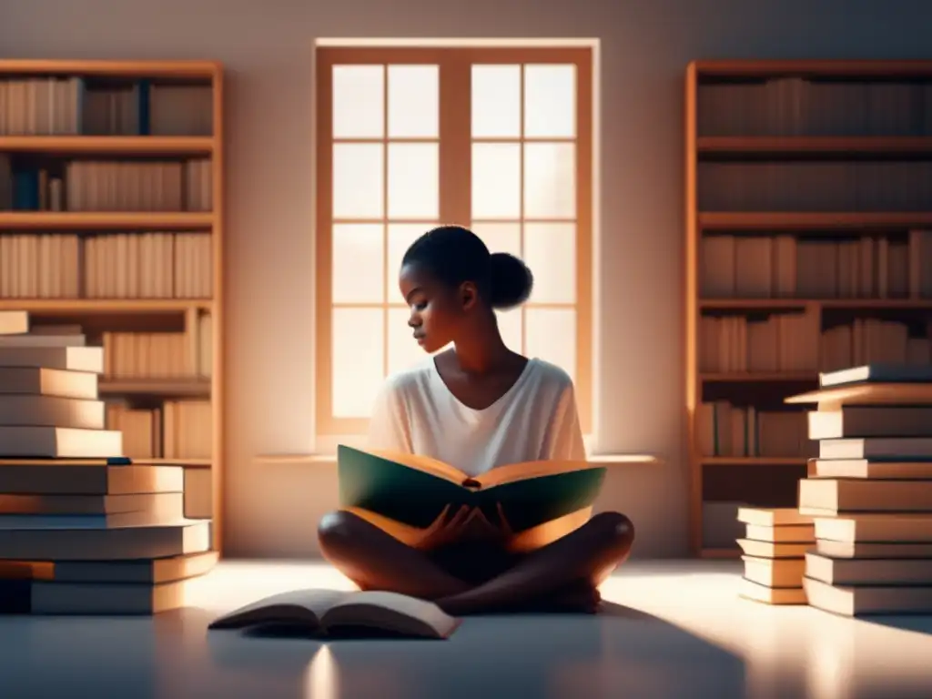 Estudiante sereno en ambiente minimalista Imagen: Estudiante tranquilo rodeado de libros, representando estrategias para manejar el estrés preuniversitario