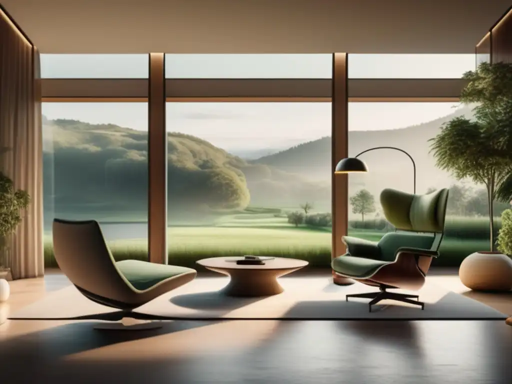 Espacioso salón minimalista con vistas a un paisaje verde Imagen de una habitación minimalista con vista al paisaje verde, iluminada por luz natural