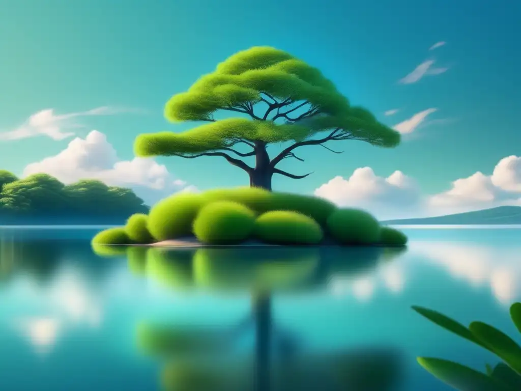 Paisaje sereno con árbol verde y flores Imagen: Diseño minimalista y sereno con cielo azul, lago tranquilo, árbol verde y flores delicadas