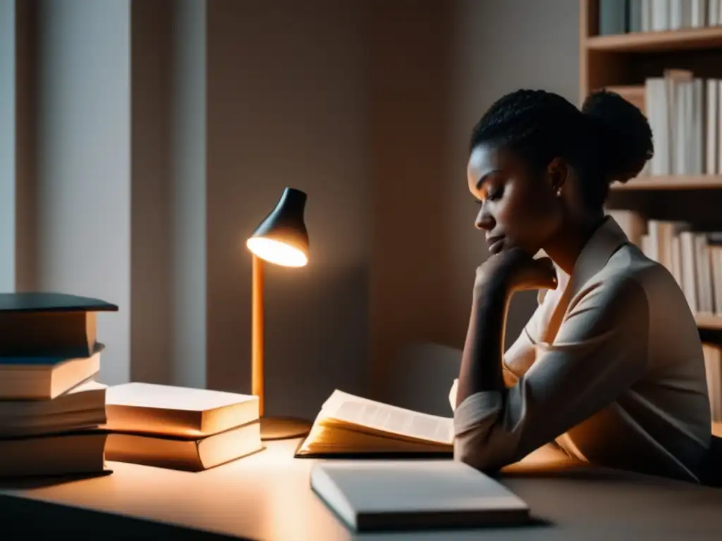 Persona reflexionando en su escritorio Imagen de persona pensativa en escritorio, rodeada de libros y papeles, para artículo sobre