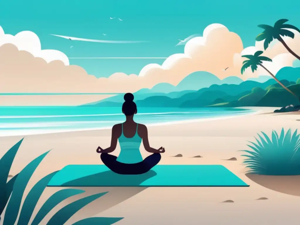 Playa tranquila para relajación y yoga Imagen de playa tranquila con persona practicando estrategias de afrontamiento para el estrés preuniversitario