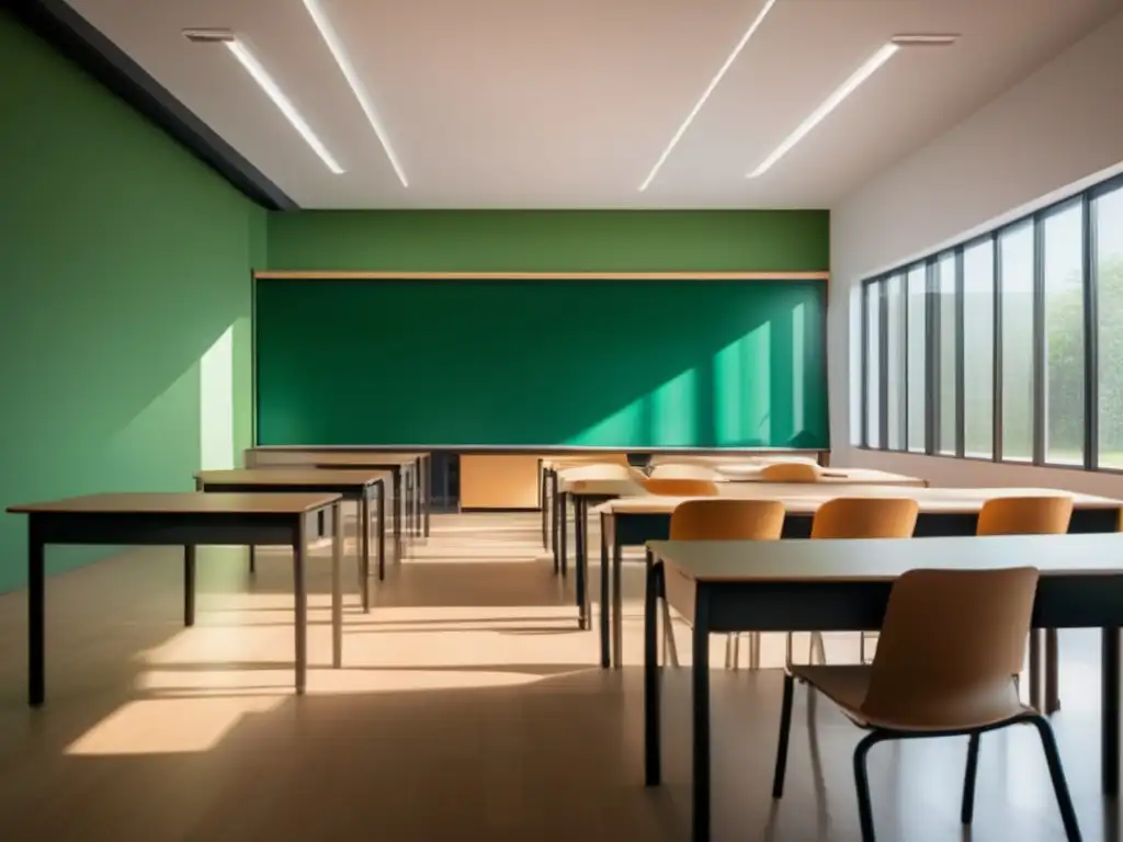 Aula moderna y privada Imagen: Privacidad en el Aula: Ambiente moderno y minimalista, con estudiantes en escritorios separados y tecnología digital