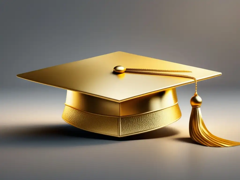 Graduación dorada de diseño moderno y minimalista Imagen: Proceso de admisiones universitarias exitoso con gorro dorado elegante y detallado en fondo blanco limpio